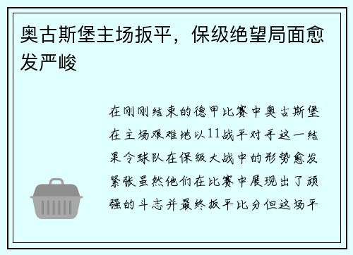 奥古斯堡主场扳平，保级绝望局面愈发严峻